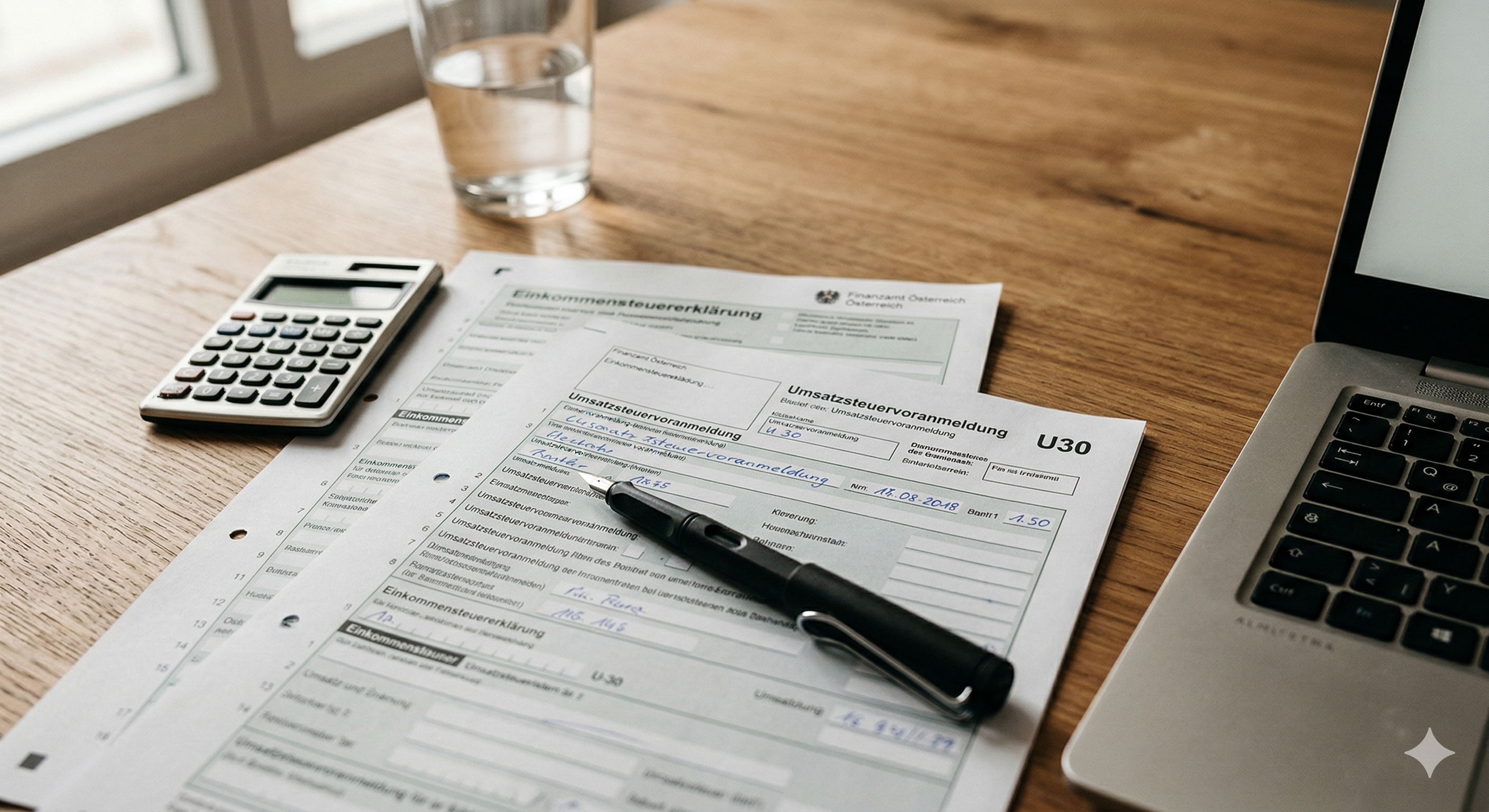 Österreichische Steuerformulare und Buchhaltungsunterlagen auf Schreibtisch